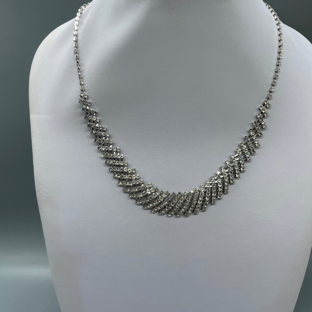 Rhinestone Chevron Collar Necklace Silver Tone Crystal Statement Bib